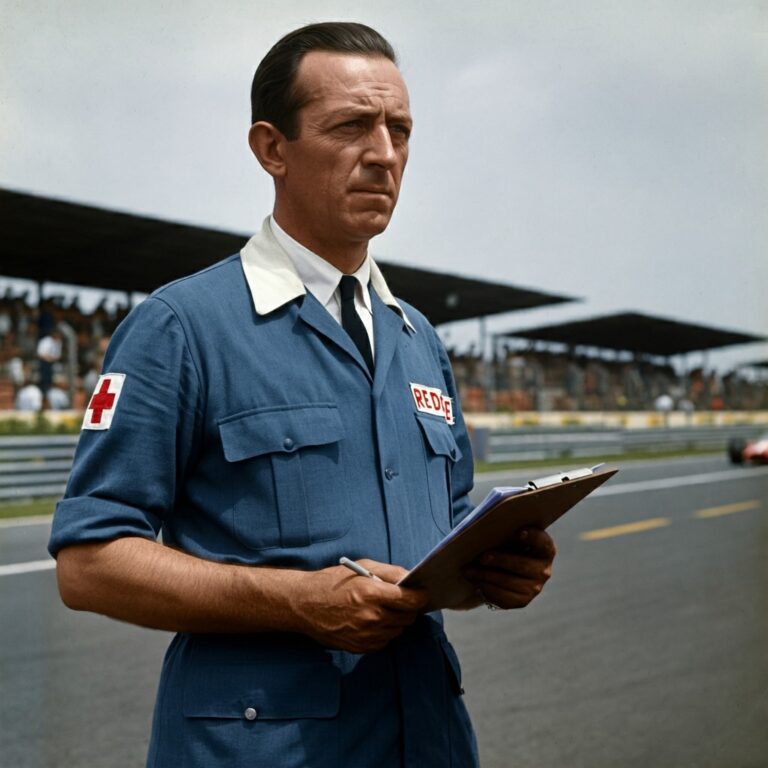 An event doctor in a blue polo shirt checking details on a clipboard outdoors.
