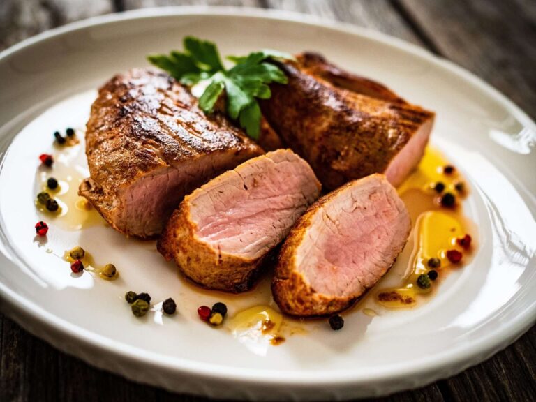A gourmet plate of sliced duck breast with potatoes and sauce from a restaurant.