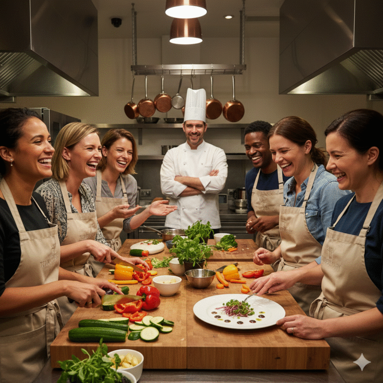 A group of colleagues or friends smiling and enjoying a meal around a large dinner table.